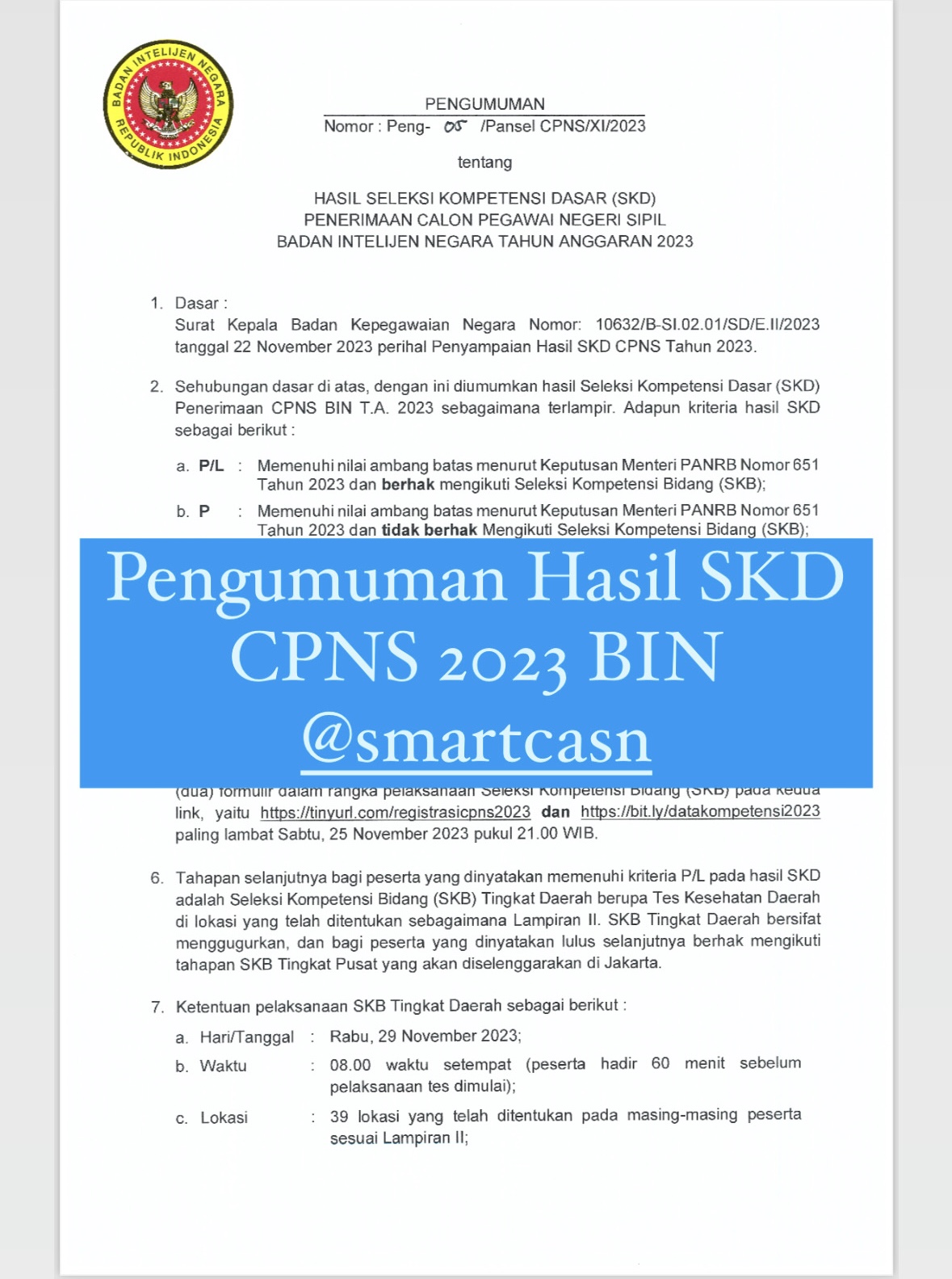 PENGUMUMAN HASIL SKD BIN 2023