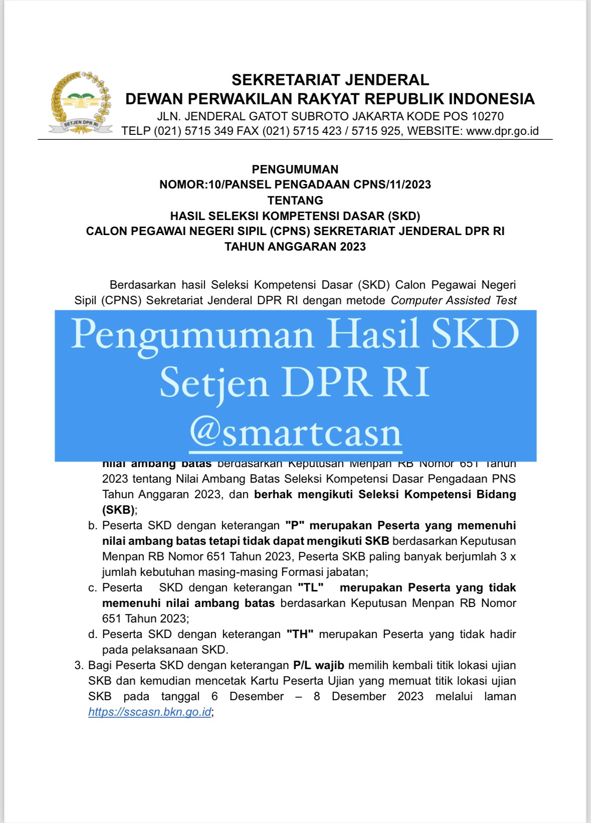 PENGUMUMAN HASIL SKD SETJEN DPR RI 2023