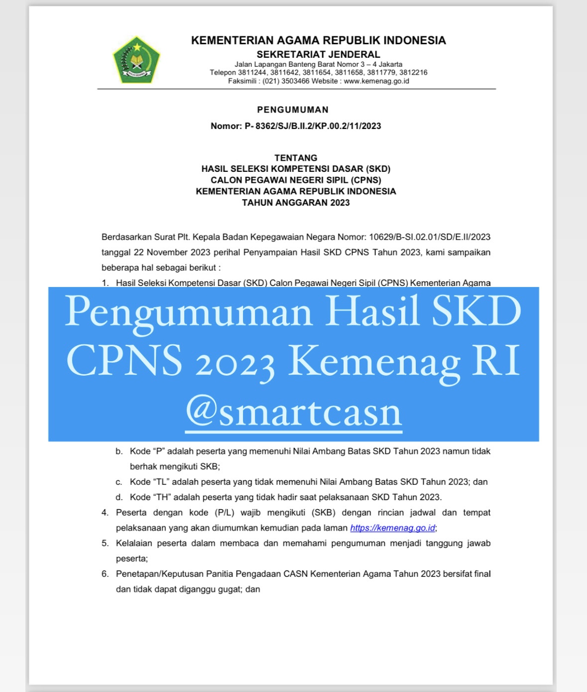 PENGUMUMAN HASIL SKD CPNS 2023 KEMENAG RI